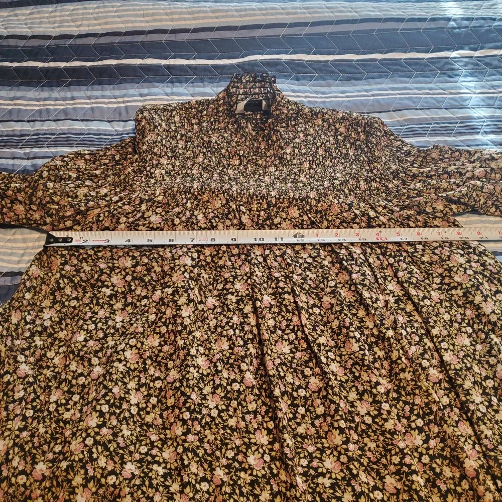 & Other Stories Sz 0 Sheer Smocked Mock Neck Lined Floral Print Mini Dress